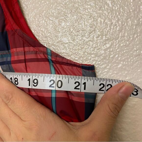 Lands End quilted puffer red blue plaid down filled winter vest girls M 10/12 - Picture 9 of 14